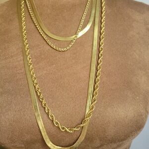 Gold Layered Necklace Set Herringbone Rope Wheat Chain 18-28 Inch Minimalist